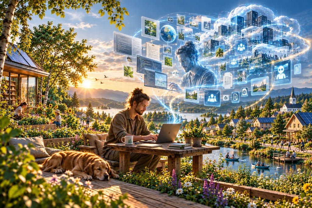A person works on a laptop in a lakeside community, where nature, society, and technology belong to one living whole