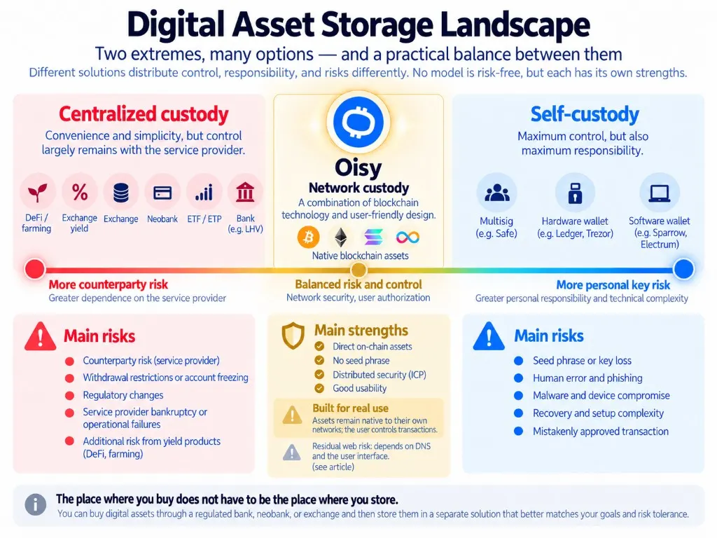 The digital asset storage landscape. Risk does not disappear under any model, but its location and character change.
